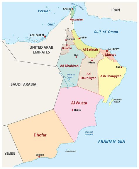 Governorates Map of Oman Oman Map, Oman Flag, Western Borders, Sultanate Of Oman, Physical Map, Satellite Maps, Arabian Peninsula, Coastal Plain, Asia Map