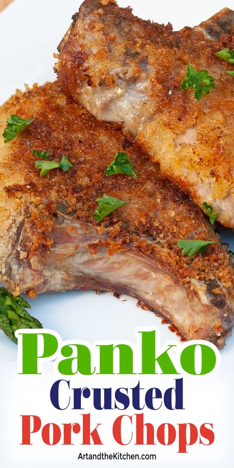 No more dry, tough pork chops when you make this simple recipe. Panko Crusted Pork Chops are tasty, tender, and juicy! via @artandthekitch Thick Breaded Pork Chops, Pablo Pork Chops, Polish Breaded Pork Chops, Pablo Crusted Pork Chops, Crispy Breaded Pork Chops, Fried Thick Pork Chops, Breaded Bone In Pork Chops, Thick Cut Pork Chops In Oven, Panko Breaded Pork Chops