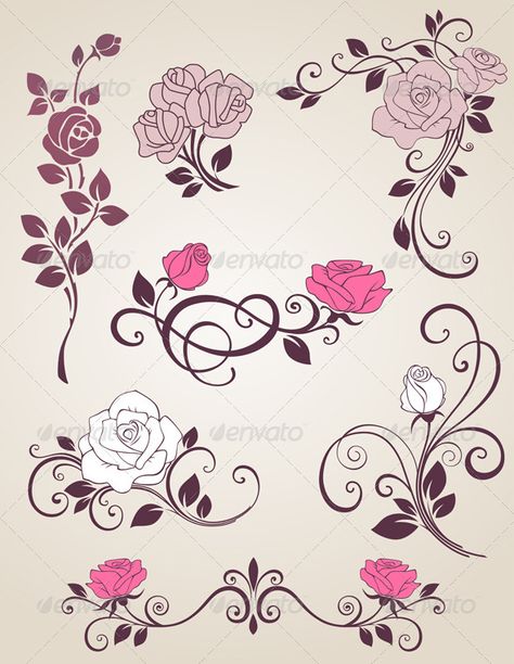 Rose Vector, Floral Frames, Art Mignon, Vector Graphics Design, Rose Tattoo Design, Rose Drawing, Antique Pink, Rose Tattoos, Rose Design