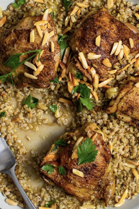 Freekah Recipes, Olive Oil Zucchini Bread, Freekeh Recipes, Almond Chicken, Yotam Ottolenghi, Nyt Cooking, How To Cook Rice, Yogurt Recipes, Arabic Food