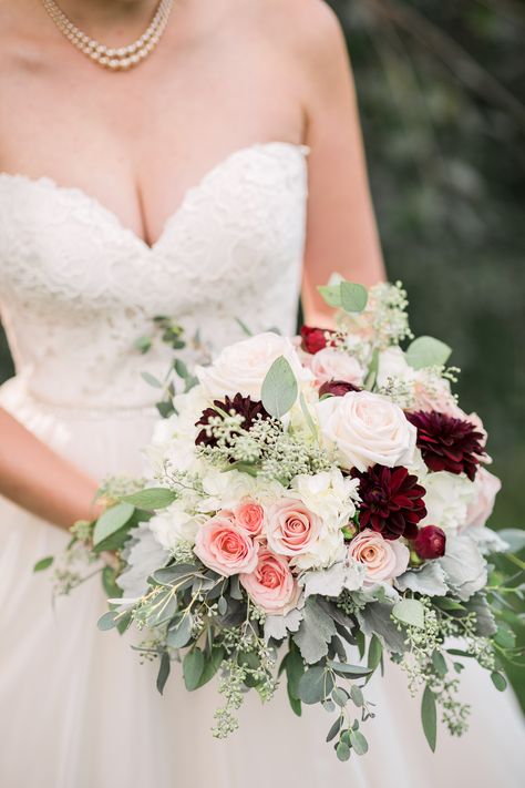 Wine Bridal Bouquet, Blush And Burgundy Bouquet, Body Sugaring, Blush Wedding Theme, Hydrangea Bouquet Wedding, Burgundy And Blush Wedding, Dusty Pink Weddings, Burgundy Bouquet, Red Wedding Theme