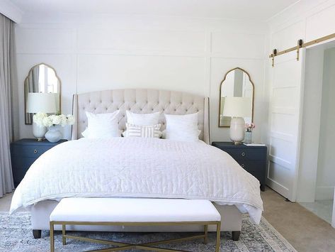 Mirror By Nightstand, Mirror Over Nightstand Bedroom Ideas, Mirrors On Nightstand, Mirrors Behind Nightstand Ideas, Lamps On Nightstands, Mirror Behind Nightstand, Brass Mirrors, Bedroom Sitting Room, Neutral Bedroom Decor