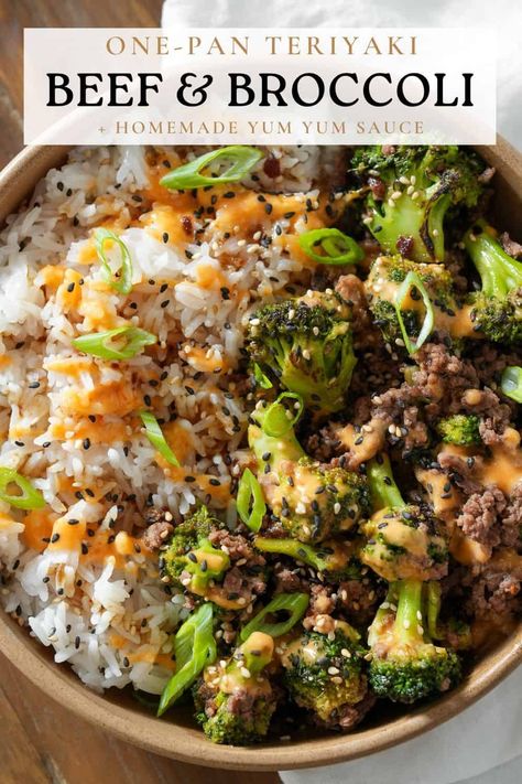 A one pan recipe for teriyaki ground beef and broccoli with a homemade yum yum sauce. Perfect for rice bowls. Teriyaki Ground Beef, Kalbi Recipe, Homemade Yum Yum Sauce, Cook Broccoli, One Pan Recipe, Ground Beef And Broccoli, Ground Beef Rice, Beef Stir Fry Recipes, Yum Sauce