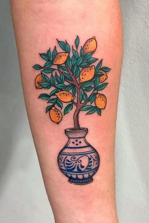 Orange And Lemon Tattoo, American Traditional Lemon Tattoo, Strawberry And Lemon Tattoo, Lemon Tree Tattoo Minimalist, Traditional Lemon Tattoo, Orange Tree Tattoo, Lemon Tree Tattoo, Lemon Tattoo, Vase Tattoo