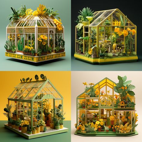 3-d model, plant greenhouse and plant shop, yellow and green fancy paper art Posters Diy, 3d Poster, 3d Projects, Miniature Crafts, Go Green, Horticulture, Art Inspo, Paper Art, 3 D