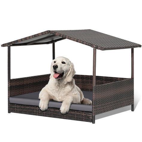 HAPPAWS Wicker Dog Bed House, Indoor Outdoor HDPE Rattan Dog Houses, Raised Dog Cot Pet House, Elevated Pets Sofa w/Washable Cover, Waterproof Roof Shelter, Removable Cushion Lounge Wicker Dog Bed, Dog Friendly Backyard, Dog Room Decor, Indoor Dog House, Dog House Bed, Dog Cots, Rattan Bed, Dog Room, Pet Sofa