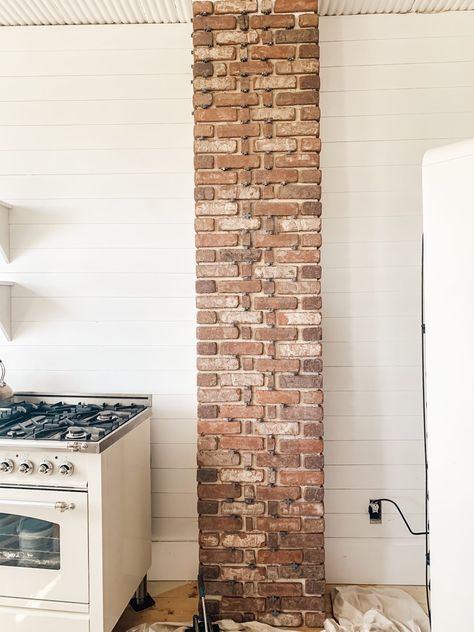 Chimney In Kitchen Ideas, Column In Kitchen, Old Chimney, Steel Decor, Fake Brick, Chimney Design, Mudroom Flooring, Interior Brick, Mantle Ideas