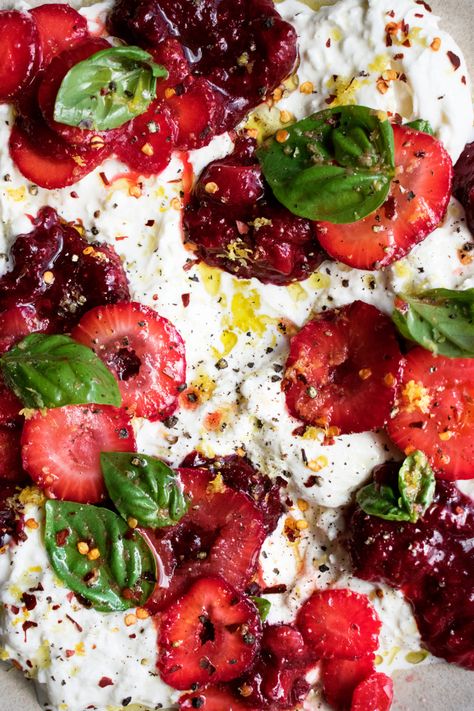 Burrata with Balsamic Strawberries & Basil - The Original Dish Balsamic Strawberries, Summer Appetizer Recipes, The Original Dish, Burrata Recipe, Strawberry Balsamic, Roasted Strawberries, Burrata Cheese, Summer Appetizer, Cheese Topping