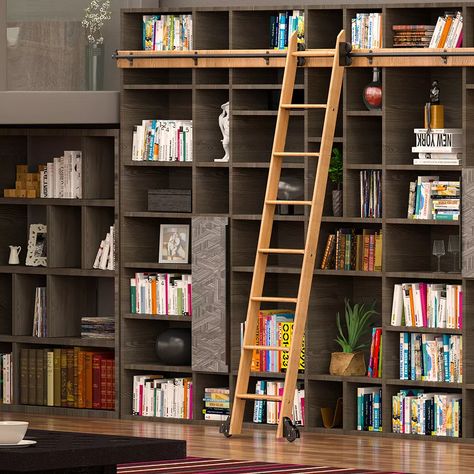 Closet Wine Cellar, Wine Cellar Kitchen, Library Closet, Sliding Ladder, Wood Library, Rolling Ladder, Library Ladder, Red Oak Wood, Wood Ladder