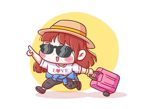 Cute Girls Stickers, Travel Cartoon Illustration, Happy Girl Cartoon Art, Travelling Cartoon Images, Kawaii Earth, Girl Travel Drawing, Travel Cartoon, Excited Girl, Chibi Cartoon