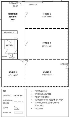 Studio Floor Plan. From what I can tell the dimensions are generally 8.5m x 5.5m rooms. Interesting. Dance Studio Floor, Dancing Room, Yoga Studio Interior, Sala Yoga, Plan Studio, Ballet Room, Dance Studio Design, Dance Studio Decor, Studio Floor Plans