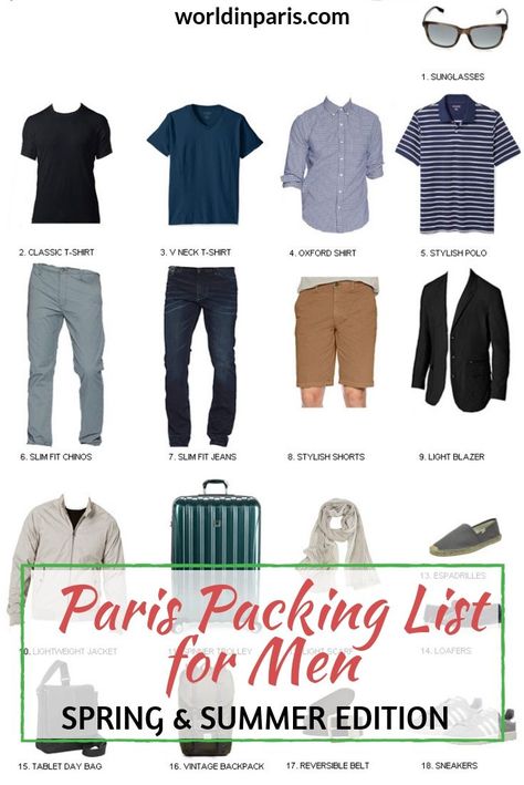 Check our Packing List for Paris Spring and Summer for men, with all the Paris Travel Essentials for men to crack the Parisian style. How to dress like a Parisian Man? Find the Main Staples and ideas of Paris Outfits in this Packing List for Paris #paris #packinglist #parisianstyle Mens Parisian Style, Packing List For Paris, Travel Essentials For Men, Paris Summer Outfits, Paris Packing List, European Travel Outfit, Traveling To Paris, Paris With Kids, Paris Neighborhoods