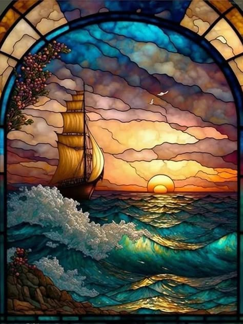 Amazon.com: IPISSOI Sea Stained Glass Diamond Painting Kits, Wave Diamond Art Kit, Sailboat Painting by Numbers for Beginner Adults Full Drill Round for Wall Decor, Valentine's Day New Year Gift 12x16 inch : Arts, Crafts & Sewing Stain Glass Art, Stain Glass Window Art, Glass Window Art, Sailboat Painting, زجاج ملون, Art Stained, Stained Glass Designs, Glass Mosaics, Diamond Painting Kits