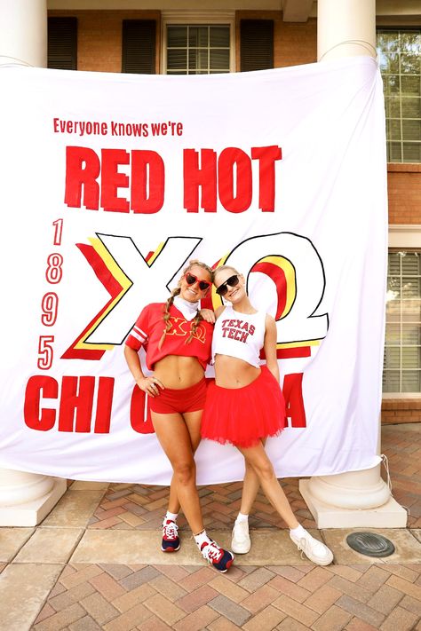 Red Bid Day Theme, Sorority Themes, Recruitment Themes, Omega Red, Bid Day Themes, Alpha Chi Omega, Alpha Chi, Spirit Week, Texas Tech