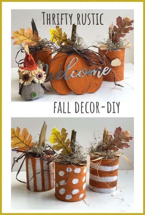 Budget friendly fall decor ideas. Fall pumpkin craft. Can upscycle craft diy. Dollar Tree crafts. Easy pumpkin Just That Perfect Piece Diy Fall Decor Tin Cans, Soup Can Fall Crafts, Pumpkins Made From Tin Cans, Halloween Tin Can Crafts, Recycled Fall Crafts, Tin Can Pumpkins, Tin Can Fall Crafts, Tin Can Pumpkins Diy, Fall Tin Can Crafts