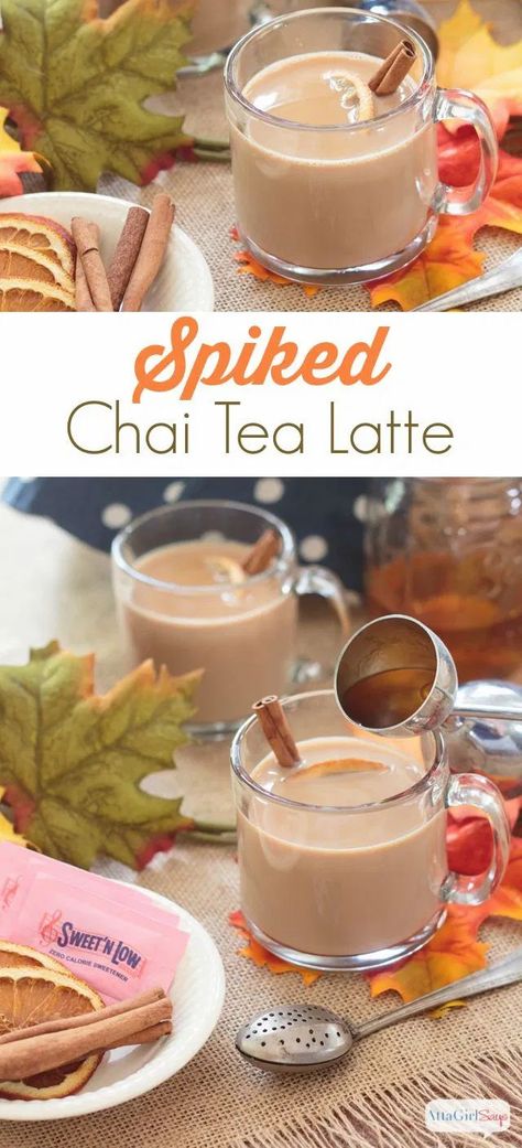 Fill a mug or a Thermos with chai tea latte to knock the chill off on fall days. This warm alcoholic beverage is made with chai, milk and your choice of bourbon or whiskey. It's the perfect way to warm yourself from the inside out on a chilly fall or winter day. Chai Tea Cocktail, Chai Milk, Spiked Tea, Haitian Recipes, Hot Chai, King Cakes, Tea Latte Recipe, Winter Drink, Tea Beverages