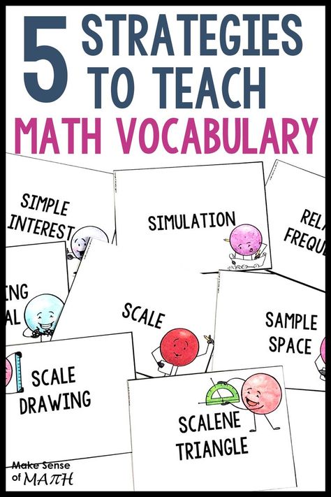 Five tried and true strategies to teach math vocabulary to your middle school math classroom. Includes ideas for math vocabulary activities that reach all your math students, as well as math vocabulary games that will keep your middle school math students engaged in learning math vocabulary. Read more on the blog. #makesenseofmath Teaching Math Vocabulary, Math Vocabulary Activities, How To Teach Math, Math Intervention Activities, Middle School Vocabulary, Middle School Math Worksheets, High School Math Activities, Math Vocabulary Words, Maths Activities Middle School