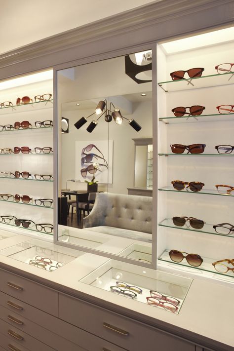 Neal Beckstedt, Eyewear Shop Design, Wall Mounted Display Cabinets, Eyewear Store Design, Glass Shelves In Bathroom, Optometry Office, Glass Store, Store Layout, Store Interiors