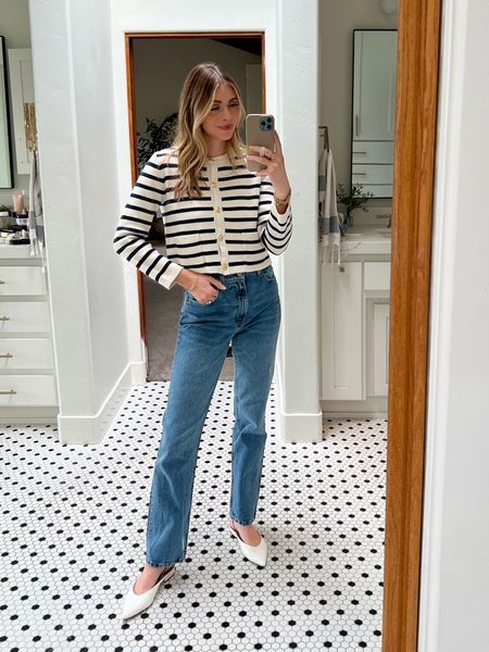 Blue And White Stripe Sweater Outfit, Navy And White Shirt Outfit, Jcrew Cardigan Outfit, Blue White Striped Sweater Outfit, White Pointed Flats Outfit, Blue And White Cardigan Outfit, White And Blue Striped Sweater Outfit, Navy White Striped Sweater Outfit, White Jeans Navy Top Outfit