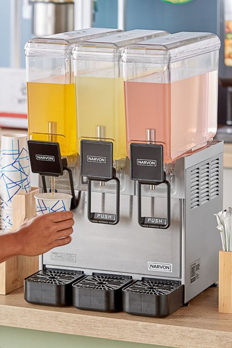 Person using refrigerated beverage dispenser to fill cup. Meeting Catering, Business Ideas For Ladies, Concession Stand Food, Drink Dispenser Stand, Restaurant Kitchen Equipment, Gerobak Dorong, Beautiful Pantry, Juice Dispenser, Buffet Table Decor