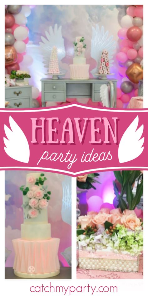 Take a look at this heaven-themed birthday party! The dessert table is stunning! See more party ideas and share yours at CatchMyParty.com #catchmyparty #partyideas #heavenparty #girlbirthdayparty 7 Heaven Birthday Party, Heavenly Birthday Party Ideas, Heaven Themed Party Decoration, Heavenly Birthday Ideas, 7th Heaven Birthday Party, Heaven Themed Party, Angel Birthday Party, Birthday Party Ideas Themes, Heaven Birthday