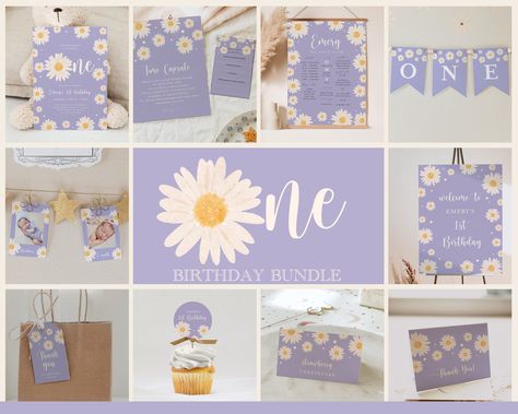 Purple Daisies 1st Birthday Party Bundle with Customizable Invitations, Milestones, and Decorations, Daisy ONE Birthday Bundle#S234 Purple 1st Birthday Party, Purple Daisy Birthday Party, Butterfly One Year Birthday, 1st Birthday Purple Theme, Daisy And Butterfly Birthday, Purple First Birthday Party, Lilac First Birthday Party, Purple Daisy Theme Birthday, Daisies And Butterflies Birthday