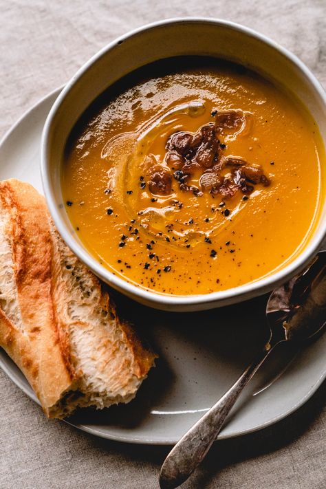 Pumpkin Soup And Sandwich, Best Roasted Butternut Squash Soup Recipes, Butternut Squash Bone Broth Soup, Simple Soups For Fall, Brie And Butternut Squash Soup, Butternut Squash Soup Half Baked Harvest, Fall Blended Soups, Half Baked Harvest Butternut Squash Soup, Small Butternut Squash Recipes