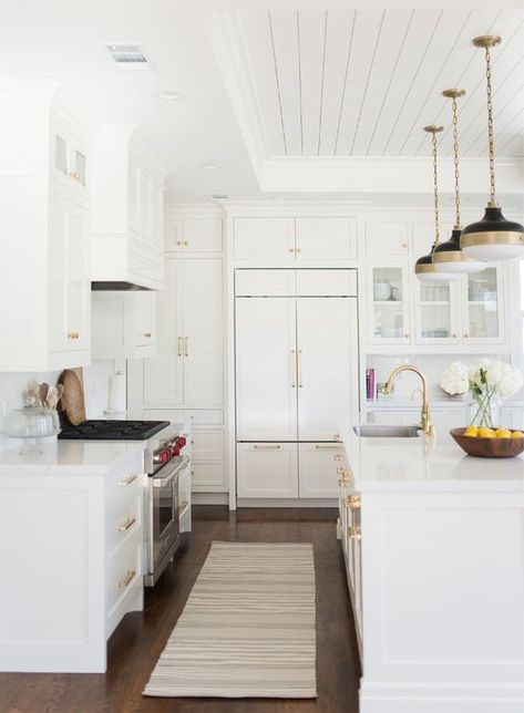 ceiling paneling by studio mcgee Kabinet Dapur, Classic Kitchen, White Kitchen Design, Plywood Furniture, Favorite Kitchen, Wood Flooring, Kitchen Layout, White Cabinets, Contemporary Kitchen