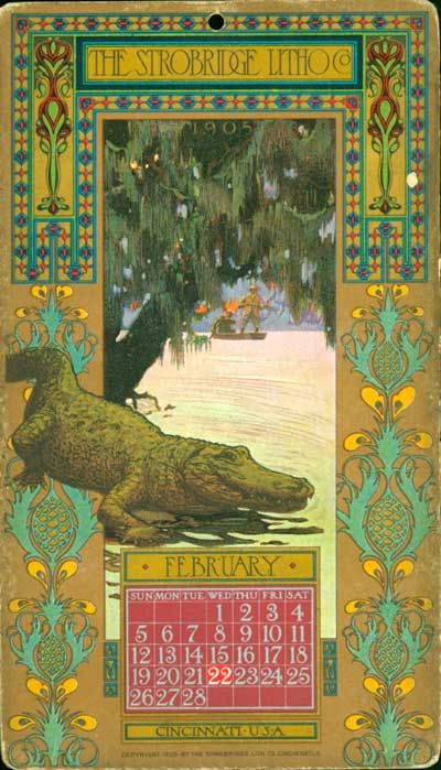 Strobridge Litho Co - February 1905 Alphonse Mucha Art, 달력 디자인, Pop Illustration, Vintage Calendar, Big Art, Art Deco Design, Vintage Illustration, I Saw, Alligator