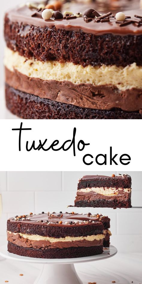 Unique Chocolate Cake Recipes, Costco Tuxedo Cake Recipe, Chocolate Birthday Cake Ideas For Women, Costco Copycat Recipes, Chocolate Cake Cups, Swiss Chocolate Cake Recipe, Black Tie Mousse Cake, Tuxedo Cake Recipe, Naked Chocolate Cake