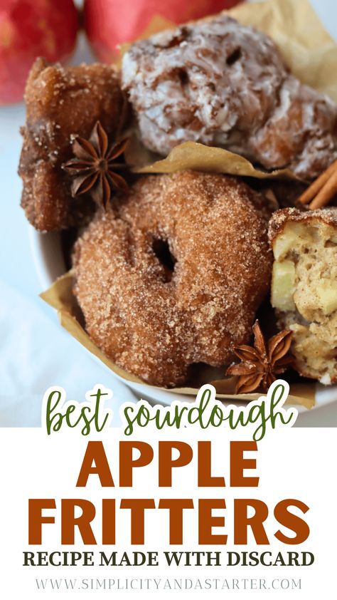 This Sourdough Apple Fritters Recipe makes warm, spiced fritters with fresh apples and sourdough for a cozy fall treat topped with maple glaze or cinnamon sugar. Sourdough Apple Muffins, Sourdough Apple Fritters, Using Sourdough Discard, Apple Fritters Recipe, Sourdough Apple, Discard Recipe, Sourdough Bread Starter, Sourdough Starter Discard Recipe, Discard Recipes