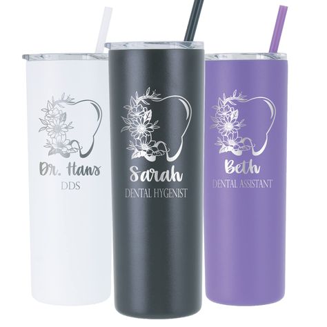 PRICES MAY VARY. SHIPS FAST - We will ship your item within two(2) business days of receiving your order. PERSONALIZED - Each tumbler is a unique creation made just for you. QUALITY LASER ENGRAVING - Your design and personalized text will be permanently laser engraved on your tumbler, so it will last for years. Tumblers are dishwasher safe. INSULATED - These stainless steel tumblers are vacuum insulated and keep your drinks hot or cold for hours. Fits in your cup holder. Each tumbler is personal Dental Cups, Dental Hygienist Graduation, Registered Dental Hygienist, Dental Hygiene Student, Dental Hygienist Gifts, Dental Gifts, Gifts For Dentist, Laser Engraving Machine, Dental Hygienist