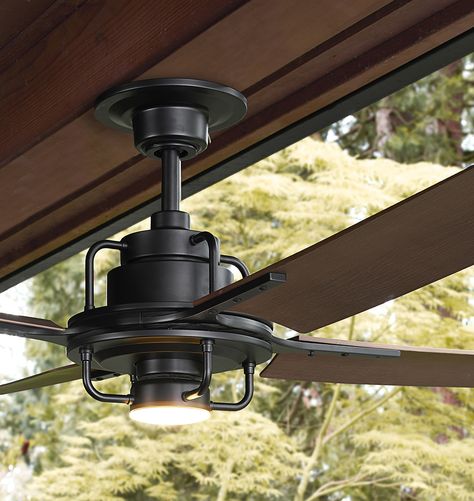 Peregrine Industrial LED Ceiling Fan | Rejuvenation Ceiling Fan Makeover, Ceiling Fan Bedroom, Industrial Ceiling Fan, Shop Garage, Industrial Ceiling, Interior Design Resources, Black Ceiling Fan, Outdoor Ceiling, Bedroom Ceiling