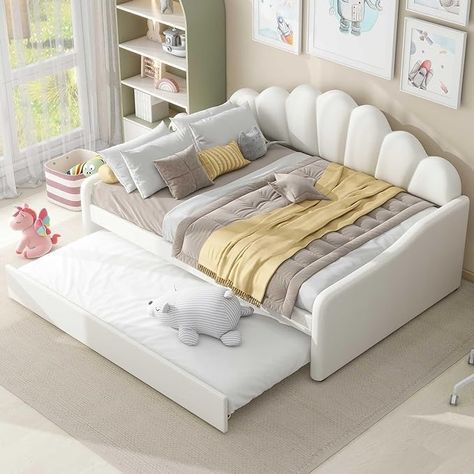 Amazon.com: SOFTSEA Full Upholstered Daybed with Trundle, Velvet Upholstered Daybed with Shell Shaped Backrest, Full Size Sofa Bed Frame for Bedroom Living Room Guest Room, Beige : Home & Kitchen Full Daybed With Trundle, Full Daybed, Daybed Frame, Full Size Daybed, Twin Daybed, Teen Bedroom Ideas, Solid Wood Bed Frame, Daybed Bedding, Upholstered Daybed