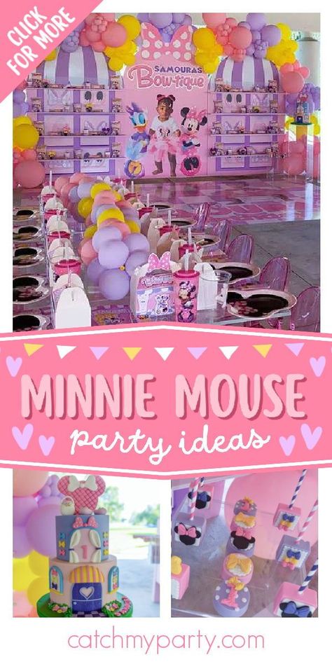 Don't miss this cute Minnie Mouse Boutique 1st birthday party! The cake is a work of art! See more party ideas and share yours at CatchMyParty.com Minnie Mouse Birthday Party Table Decor, Minnie Mouse Boutique Birthday Party Ideas, Minnie's Boutique Birthday, Minnie Mouse Outdoor Party Ideas, Minnie’s Boutique Party, Outdoor Minnie Mouse Birthday Party, Minnie Bowtique Cake, Minnie’s Bowtique Party, Minnie Mouse Boutique Party Ideas