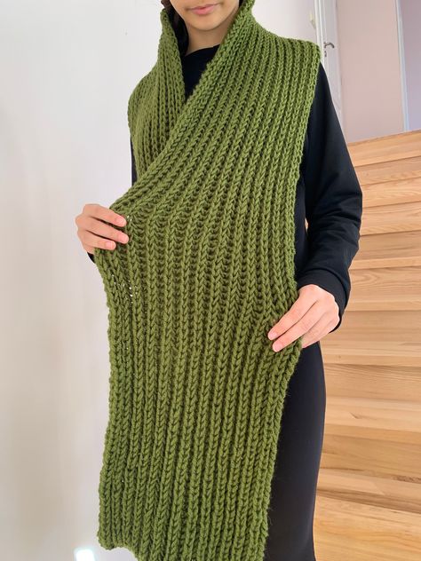 Hand Knitted Scarf, Hand Knit Scarf, Green Hand, Handmade Scarves, Oversized Scarf, Knit Scarf, Winter Wear, 50 50, Acrylic Yarn