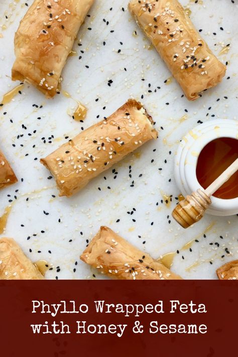 Phyllo Feta Honey, Phyllo Wrapped Feta, Baked Feta In Phyllo, Feta In Phyllo With Honey, Greek Tapas Recipes, Feta Phyllo Honey, Greek Phyllo Recipes, Baked Feta In Phyllo With Honey, Philo Pastry Appetizers