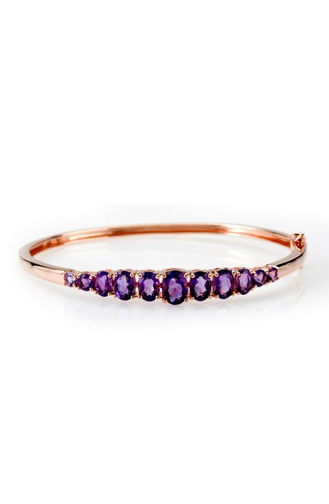 Poised in purple! This rose gold + amethyst bracelet is a beauty. | 5.17ctw Oval And Round African Amethyst 18k Rose Gold Over Silver Bangle Bracelet Diamond Gold Bracelet, Silver Bangle Bracelet, Purple Jewelry, Jtv Jewelry, Amethyst Gold, Amethyst Bracelet, Silver Bangle Bracelets, Stone Gold, Silver Bangle