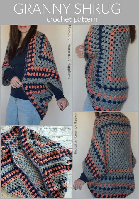 Granny Shrug Crochet Pattern | Hooked on Homemade Happiness Shrug Crochet Pattern, Classic Granny Square, Shrug Crochet, Crochet Cocoon, Granny Pattern, Crochet Cardigan Pattern Free, Gilet Crochet, Crochet Shrug Pattern, Shrug Pattern