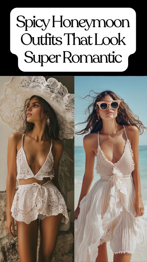 Spicy honeymoon outfits featuring romantic lingerie, flirty dresses, and chic beachwear, perfect for a post-wedding getaway. Honey Moon Outfit, Romantic Honeymoon Outfits, Honeymoon Dress To Impress, Honeymoon Outfits Night, Beach Dinner Outfit, Chic Beachwear, Honeymoon Outfit Ideas, Honeymoon Wardrobe, Wedding Getaway