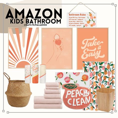 Boho Peach Bathroom, Amazon Kids Bathroom, Peaches Bathroom Decor, Peachy Clean Bathroom Decor, Peachy Bathroom Decor, Girls Bathroom Ideas Kids, Peaches Bathroom, Cute Bathroom Ideas For Women, Guest And Kids Bathroom