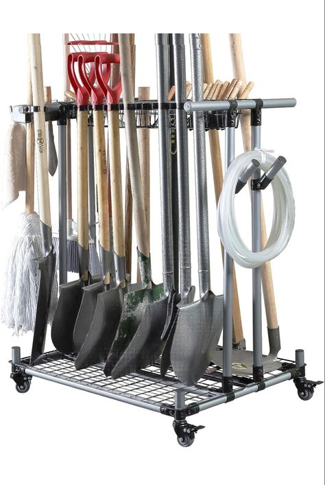 Farming storage, garden storage, tool storage, moving storage, rolling stirsge, shovel storage, gardening must haves, rake, metal rack, barn storage, barn organization, farming hack, mobile storage, mobile organization Garden Tool Organizer, Farming Tools, Garden Tool Holder, Garden Tool Rack, Garden Tool Organization, Garage Tool Organization, Lawn Tools, Tool Cart, Tool Rack