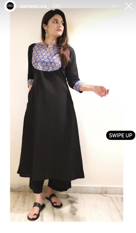 Black Kurtis For Women, Normal Kurti Designs Latest, Kurthi Design Neck, Plan Kurti Designs Latest, Black Kurthi Models Latest, Normal Kurti Designs, Angarkha Dress, A Line Kurti Designs, Cotton Dress Pattern