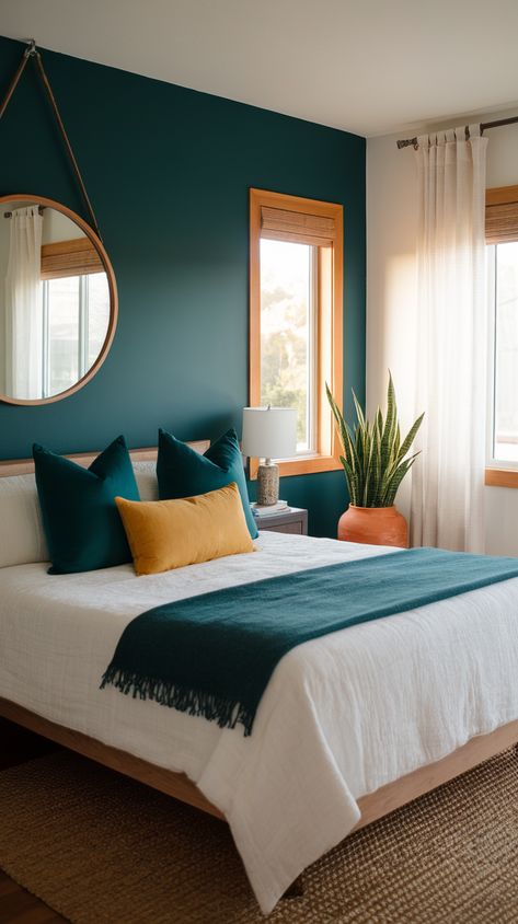 17 Stunning Teal Bedroom Decor Ideas to Transform Your Space w/Color Palettes – Life and Subscribe Dark Teal And Yellow Bedroom, Teal Color Schemes Bedroom, Peacock Colored Bedroom, Bright Color Bedroom Ideas, Grey And Teal Bedroom Ideas, Green And Teal Color Palette, Deep Teal Bedroom, Simple Modern Bedroom Ideas, Teal Wall Bedroom