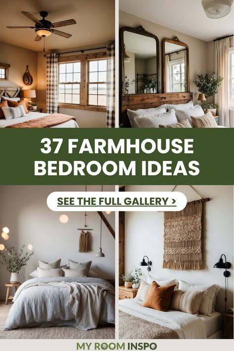 Discover 37 cozy farmhouse bedroom ideas featuring warm and inviting designs. These four images showcase rustic decorations, comfy bedding, and unique accents to help you create a personal oasis in your home. Spare Bedroom Farmhouse Ideas, Master Bedrooms Decor Cozy Farmhouse, Popular Bedroom Designs, Farmhouse Bedding Sets Joanna Gaines, Rustic Farmhouse Guest Bedroom, Master Bedrooms Farmhouse Style, Bedroom Decor With Dark Wood Furniture, Simple Master Bedrooms Decor Cozy, Cottage Master Bedrooms Decor Cozy