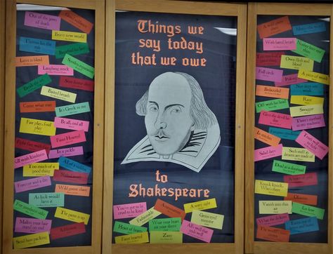 Drama Classroom Bulletin Boards, Shakespeare Bulletin Board, Bulletin Boards High School, Classroom Bulletin Boards High School, Bulletin Board Library, Classroom Displays Secondary, English Bulletin Boards, High School English Classroom Decor, English Classroom Displays