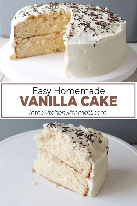 Homemade Vanilla cake on top of a white cake pedestal. Easy Homemade Vanilla Cake, Homemade Vanilla Cake Recipe, Vanilla Cake Recipe Moist, Dessert Birthday, Homemade Vanilla Cake, Cake Recipe Easy, Easy Vanilla Cake Recipe, Homemade Frosting, Vanilla Cake Recipe