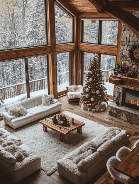 Luxury Winter Cabin, Cabin Aesthetic Interiors, Log Cabin Houses, Winter Cabin Aesthetic, Log Cabin Homes Interior, Log Cabin Rooms, Christmas Log Cabin, Log Cabin Living Room, Log Cottage