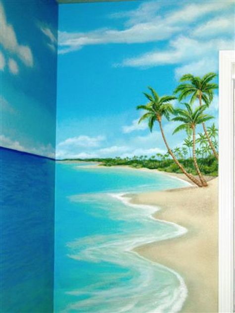 Bedroom Beach Theme, Beach Murals, Amazing Murals, Murals Bedroom, Bathroom Painting, Bathroom Mural, Beach Room Decor, Beach Mural, Ocean Room