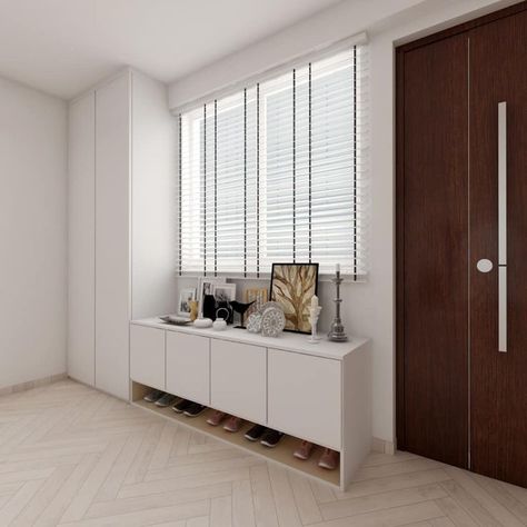 Hdb 3 Room, 4 Room Hdb, Muji Interior, Foyer Cabinet, Hdb Kitchen, Shoe Cabinet Design, Flat Interior Design, Shoes Cabinet, Corridor Design